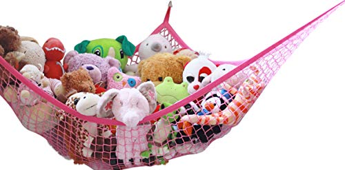 Product Cover MiniOwls Toy Hammock Organizer - Teddy Bear Hanging Storage for Girl's Bedroom. Pinkalicious Fuchsia Décor Accent. Strong Quality Elastic (Pink, X-Large)