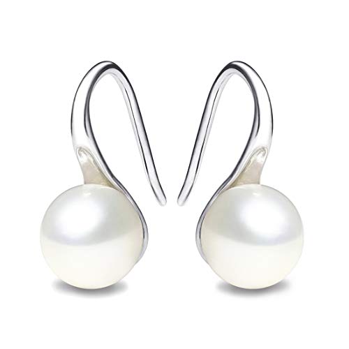 Product Cover 925 Sterling Silver Hoop Handpicked AAA+ Quality 7.5-8mm White Freshwater Cultured Pearl Dangle Drop Earrings Jewelry for Women Girls