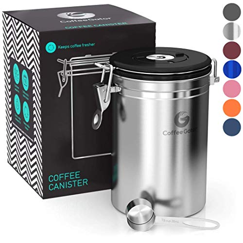 Product Cover Coffee Gator Coffee Canister Stainless Steel Coffee Container - Fresher Beans and Grounds for Longer - Date-Tracker, CO2-Release Valve and Measuring Scoop - Large, Silver