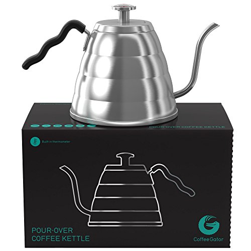 Product Cover Gooseneck Kettle - Coffee Gator Pour Over Kettle - Precision-Flow Spout and Thermometer - Barista-Standard Hand Drip Tea and Coffee Kettle for Induction and all Stovetops - 40oz