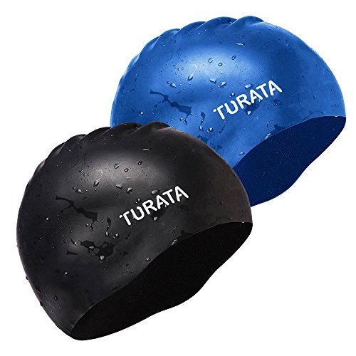 Product Cover TURATA Swimming Cap 2 Pack Swim Caps Waterproof Unisex Premium Silicone No-Slip Swimming Hat for Adults Kids Woman and Men One Size Hat - Black & Blue (Black)