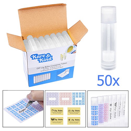 Product Cover Lip Balm Container Tubes - 50-Pack - DIY - Translucent - 3/16 Oz (5.5 ml) - Including 50 Writeable & 50 Printed Lip Balm Stickers - Twist Mechanism and a Cap - Empty - Make Natural Lip Balm