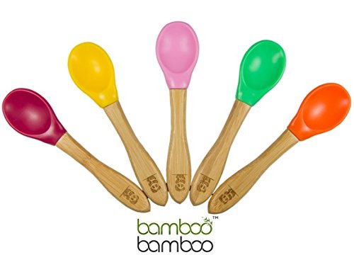 Product Cover Bamboo Baby Feeding Spoons with Soft Curved Silicone Bowl Tips for Toddlers and Infants