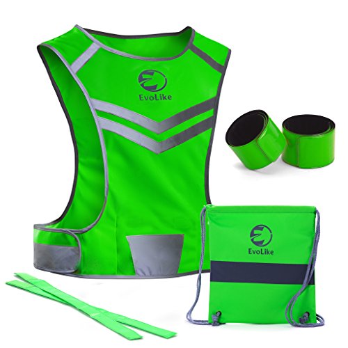 Product Cover EvoLike Reflective Vest of Unique Design for Running Walking Cycling Jogging Motorcycle with Pocket + 4 High Visibility Wristbands + Bag (Fluorescent Green, Size S/M)