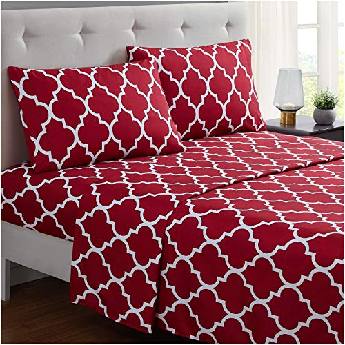 Product Cover Mellanni Bed Sheet Set King-Burgundy - Brushed Microfiber Printed Bedding - Deep Pocket, Wrinkle, Fade, Stain Resistant - 4 Piece (King, Quatrefoil Burgundy - Red)