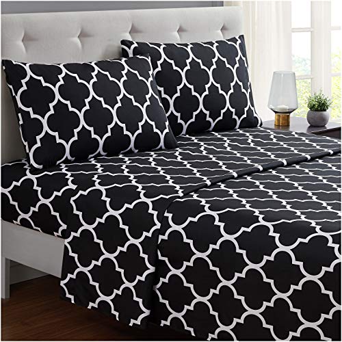 Product Cover Mellanni Bed Sheet Set Full-Black - Brushed Microfiber Printed Bedding - Deep Pocket, Wrinkle, Fade, Stain Resistant - 4 Piece (Full, Quatrefoil Black)