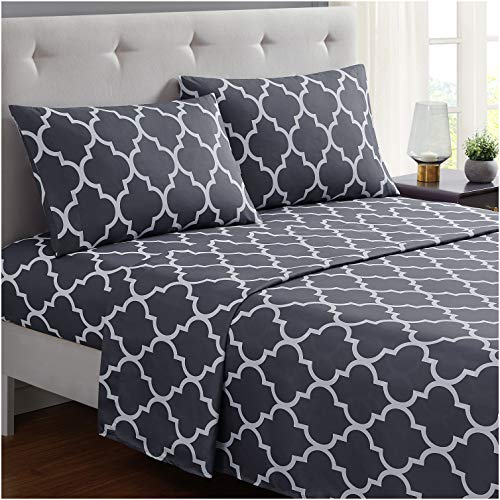 Product Cover Mellanni Bed Sheet Set Queen-Gray - Brushed Microfiber Printed Bedding - Deep Pocket, Wrinkle, Fade, Stain Resistant - 4 Piece (Queen, Quatrefoil Silver - Gray)