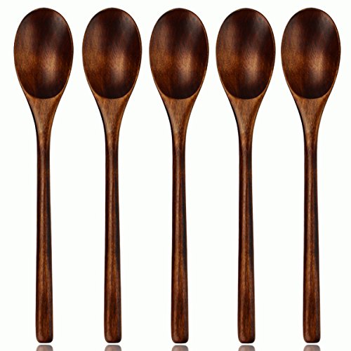 Product Cover Wooden Spoons, Wood Spoons for Eating, 5 Pieces Japanese Natural Plant Ellipse Wooden Ladle Spoon Set for Cooking Mixing Stirring Honey Tea Soda Dessert Coconut Bowl Nonstick Pots Kitchen,FDA Approved