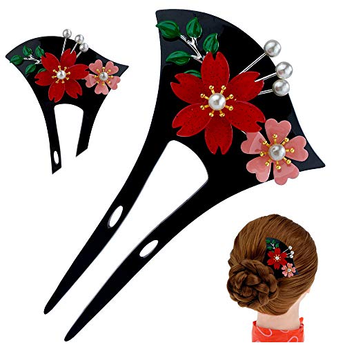 Product Cover FINGER LOVE Acrylic 2-Prong Geisha Hair Stick Fork with 3D Flowers and Leaves (Black)