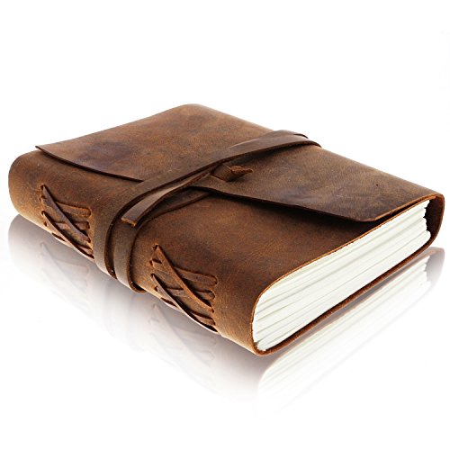 Product Cover Leather Journal Writing Notebook - Antique Handmade Leather Bound Daily Notepad for Men + Women Unlined Paper 7 x 5 Inches, Perfect Gift for Art Sketchbook, Travel Diary and Notebooks to Write in
