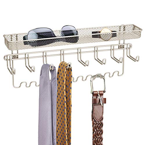 Product Cover mDesign Closet Wall Mount Men's Accessory Storage Organizer Rack - Holds Belts, Neck Ties, Watches, Change, Sunglasses, Wallets - 19 Hooks and Basket - Satin