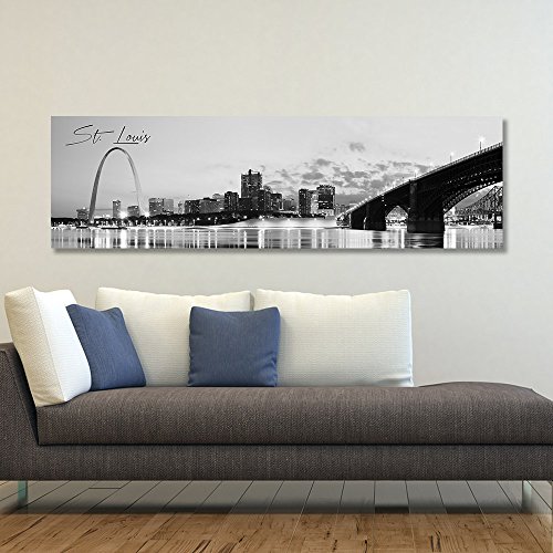 Product Cover WallsThatSpeak Panoramic St. Louis Cityscape Picture, Black and White Stretched Canvas Art Prints, Wall Decoration for Bedroom or Office, Framed and Ready to Hang, 14