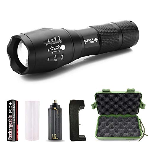 Product Cover PeakPlus Tactical Flashlight with Rechargeable Battery & Charger LFX1000 - Super Bright LED, High Lumen, Zoomable, 5 Modes, Water Resistant - Best Camping, Emergency Flashlights