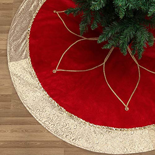 Product Cover Valery Madelyn 48 inch Luxury Red Gold Christmas Tree Skirt with Flower Design, Themed with Christmas Ornaments (Not Included)