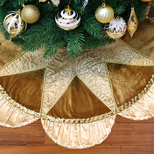 Product Cover Valery Madelyn 48 Inch Luxury Gold Christmas Tree Skirt with Sequins and Ruffle, Applique Patchwork, Themed with Christmas Ornaments (Not Included)