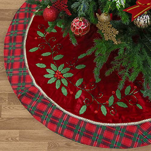 Product Cover Valery Madelyn 48 inch Traditional Red Green Gold Christmas Tree Skirt with Holly Leaves and Tartan Trim, Themed with Christmas Ornaments (Not Included)