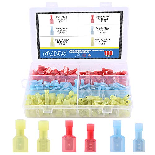 Product Cover Glarks 180pcs 22-16 16-14 12-10 Gauge Nylon Fully Insulated Male/Female Spade Quick Splice Wire Disconnect Electrical Insulated Crimp Terminals Connectors Assortment Kit
