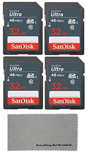 Product Cover SanDisk 32GB Ultra (4 Pack) UHS-I Class 10 SDHC Memory Card, Retail Packaging - with (1) Everything But Stromboli (tm) Microfiber Cloth