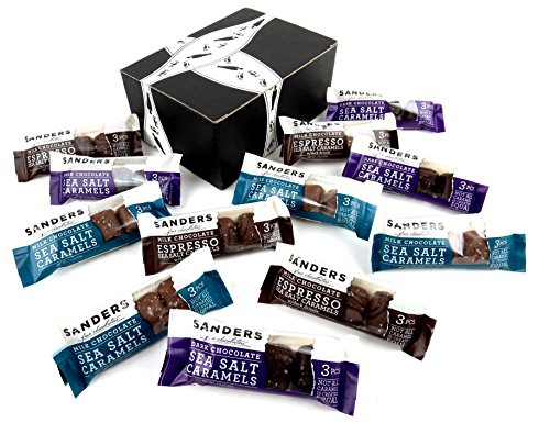 Product Cover Sanders Chocolate Sea Salt Caramels 3-Flavor Variety: Four 1.5 oz Packages of Milk, Dark, and Espresso in a BlackTie Box (12 Items Total)