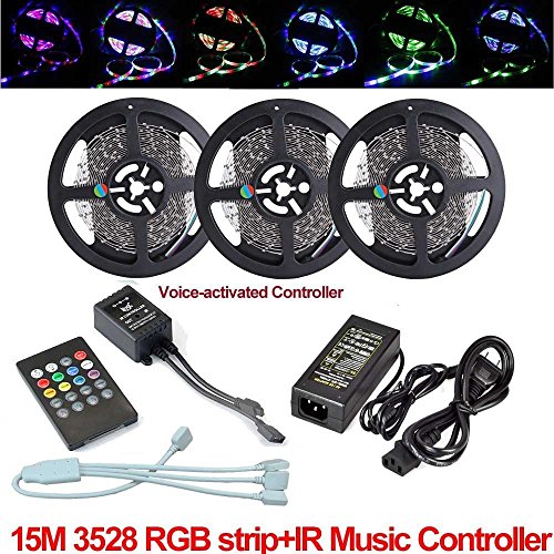Product Cover 49.2ft 15M LED Strip Lights Full Kit, Music Sound Sync Sensor 3528 RGB Color Changing Rope String Light, IR Remote LED Music Controller, IP65 Waterproof (3 Pack led Strip NO White Color)