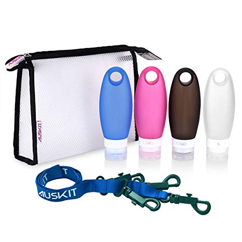 Product Cover AusKit Travel Bottles TSA Approved Leak Proof, 3.3 OZ Leak Proof Travel Accessories Tube Sets, Refillable Silicone Travel Containers With Shower Lanyard for Shampoo Lotion Soap