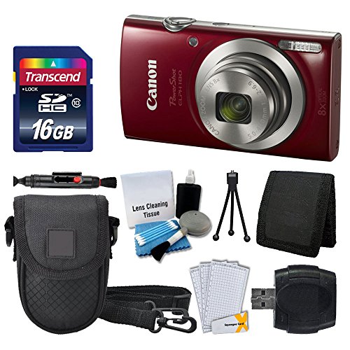 Product Cover Canon PowerShot ELPH 180 Digital Camera (Red) + Transcend 16GB Memory Card + Camera Case + USB Card Reader + LCD Screen Protectors + Memory Card Wallet + Cleaning Pen + Ultimate Value Camera Bundle