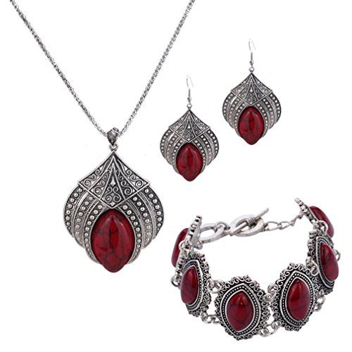 Product Cover YAZILIND Jewelry Sets Silver Plated Retro Red Synthesis-Turquoise Flower Pendant Necklace Earrings Bracelet for Women Gift