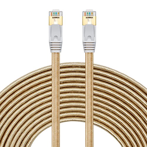Product Cover Cat 7 Ethernet Cable 15 ft -SNANSHI Nylon Braided Cat7 Flat Internet Network LAN Patch Cable SSTP Shielded Gold Plated Ethernet Network Patch Cable for Modem, Router, Computer, PS4, Xobx Gold