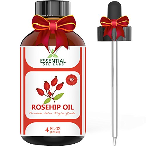 Product Cover Rosehip Oil - Organic Extra Virgin Grade - Large 4 Ounce Bottle - Ultimate Beauty Companion for Face, Nails, Hair and Skin - with Premium Glass Dropper by Essential Oil Labs