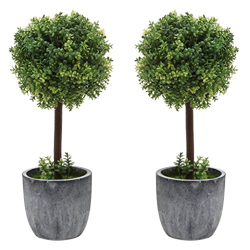 Product Cover MyGift Set of 2 Small Realistic Artificial Boxwood Topiary Trees/Faux Tabletop Plants w/Gray Ceramic Pots