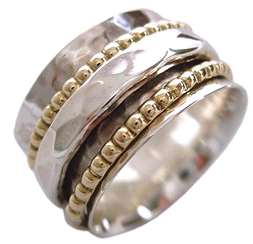 Product Cover Energy Stone 925 Sterling Silver Clarity Meditation Spinner Ring with Silver and Brass Spinners on Hammered Pattern Base Ring (SKU US01) (10)