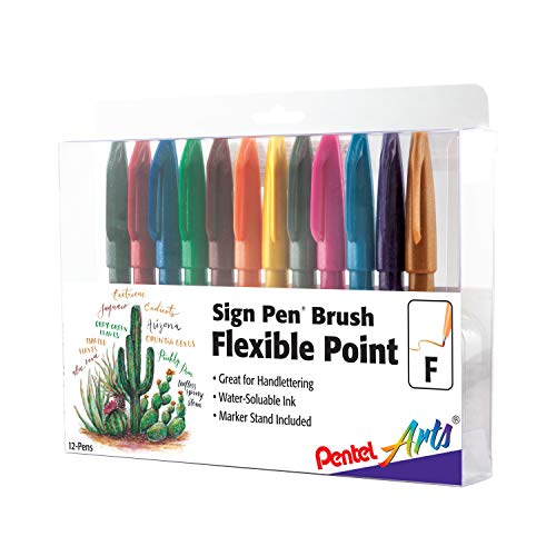 Product Cover Pentel Arts Sign Pen Touch, Fude Brush Tip, 12 Assorted Colors in Marker Stand (SES15CPC12)