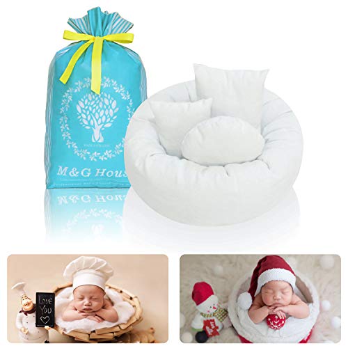 Product Cover 4PC Newborn Photo Props | Baby Photography Basket Pictures | Baby Shower Gift | Infant Posing Props (1 Photo Donut and 3 Posing Pillows) Fits 0-3 Month