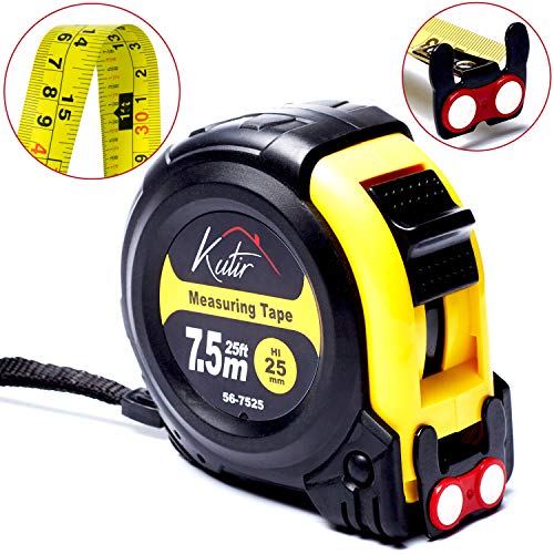 Product Cover Measuring Tape Measure By Kutir - EASY TO READ 25 Foot BOTH SIDE DUAL RULER, Retractable, STURDY, Heavy Duty, MAGNETIC HOOK, Metric, Inches and Imperial Measurement, SHOCK ABSORBENT Solid Rubber Case
