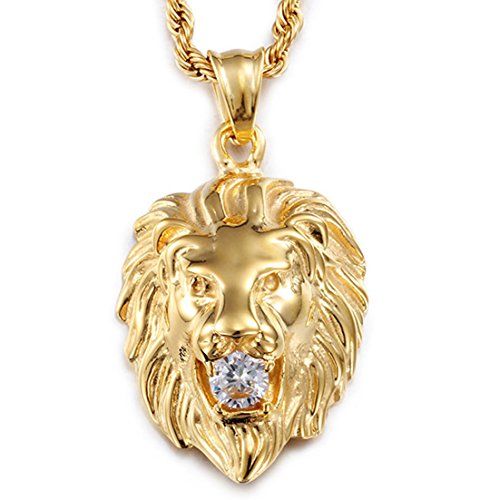 Product Cover Jewelry Kingdom 1 Stainless Steel Vintage Men's Gold Lion Pendant Necklace White Stone Rope Chain 24