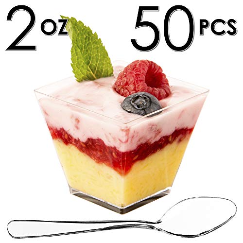 Product Cover DLux 50 x 2 oz Mini Dessert Cups with Spoons, Square Short - Clear Plastic Parfait Appetizer Cup - Small Disposable Reusable Serving Bowl for Tasting Party Desserts Appetizers - With Recipe Ebook