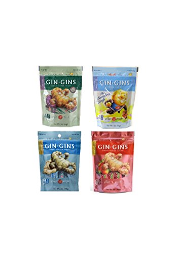 Product Cover Gin Gins Gluten Free Vegan Ginger Candy 4 Flavor Variety Bundle: (1) Gin Gins Original, (1) Gin Gins Spicy Apple, (1) Gin Gins Peanut, and (1) Gin Gins Super Strength, 3 Oz. Ea.