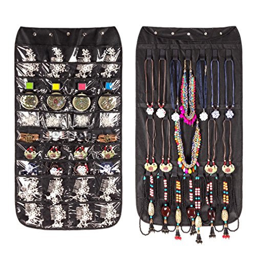 Product Cover Hanging Jewelry Organizer, Dual Sided Closet Organizers, Earrings Bracelet Necklace Socks Pantyhose Storage Display Bag (Black (40 Pockets & 20 Hook-and-Loop Tabs))