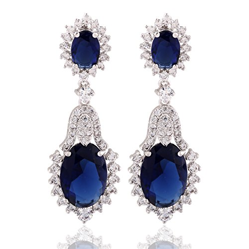 Product Cover GULICX Vintage Design Long Luxury Oval CZ Stone Silver Tone Blue -Sapphire Color Drop Earrings
