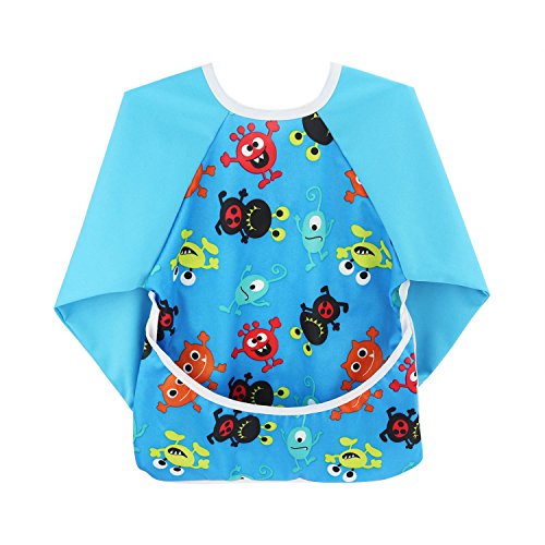 Product Cover Hi Sprout Unisex Infant Toddler Baby Super Waterproof Sleeved Bib, Reusable Bib with Sleeves& Pocket, Multi Patterns, 6-24 Months (monster story)