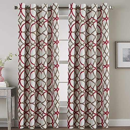 Product Cover H.VERSAILTEX Blackout Curtains 108 inches Long 2 Panels - Elegant Print Taupe and Red Geo Pattern Home Decoration Grommet Thermal Insulated Window Treatment Drapes for High Ceiling Living Room