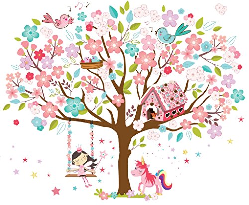 Product Cover Kath & Cath Rainbow Unicorn, Pink Fairy, Gingerbread House, Singing Birds and Cherry Blossoms Tree Wall Stickers -Kids Girls Room Vinyl Removable Self-Adhesive Multi-colour Wall Mural Art Decoration