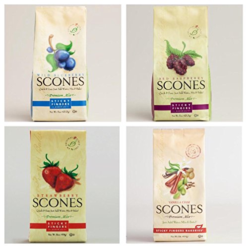 Product Cover Sticky Fingers Scone Mix Variety Pack of 4 (Wild Blueberry, Raspberry, Strawberry, and Vanilla Chai) 15 Oz. Each