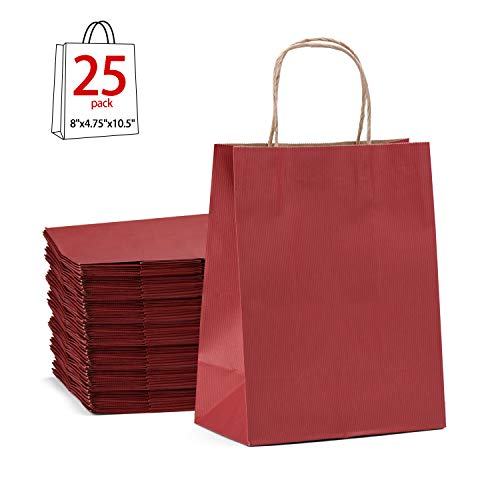 Product Cover GSSUSA Kraft Gift Paper bags with handle, Shopping Retail bag , 8x4.75x10.5inches Merchandise Bags , Pack of 25 (Red)