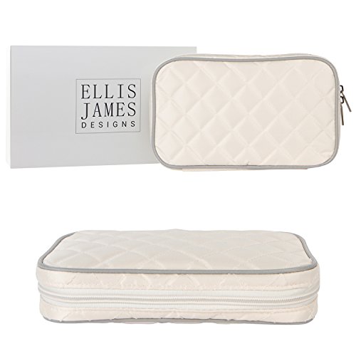 Product Cover Ellis James Designs Jewelry Travel Organizer Elegant Pouch with Quilted Exterior and Padded Bag for Protection - Keeps Your Earrings, Necklaces and Other Treasures Neat and Secure - Cream
