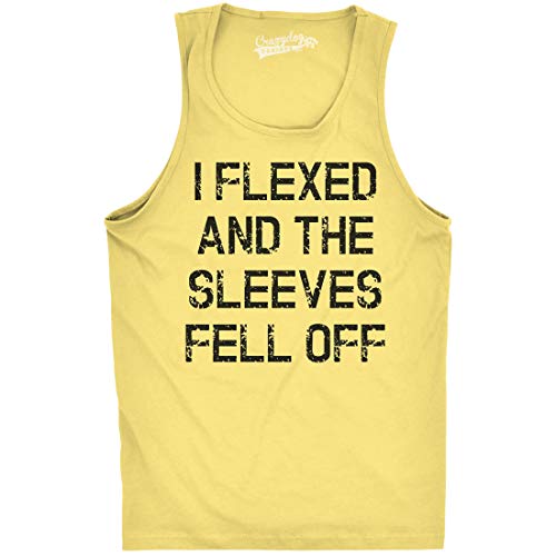 Product Cover Mens I Flexed and The Sleeves Fell Off Tank Top Funny Sleeveless Gym Workout Shirt (Yellow) - XL