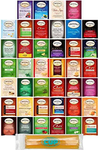 Product Cover Twinings Assorted Tea Variety Pack - 40 ct Hot Tea Sampler: Camomile, Chai, Black, Herbal, Rooibos, Green, Earl Grey English Breakfast, Organic with By The Cup Honey Sticks