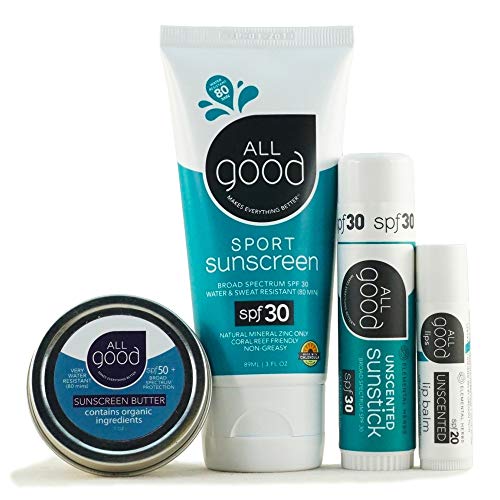 Product Cover All Good Sun Care Set| SPF Lip Balm, Water Resistant Lotion & Butter, & Face/Nose/Ear Sunstick | Zinc Oxide - Coral Reef Safe (Unscented)
