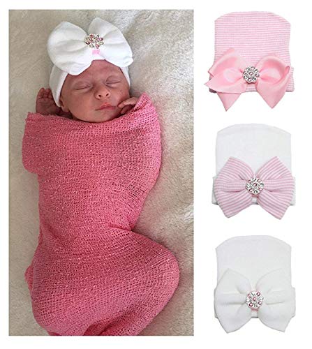Product Cover Gellwhu Pink White Blue Newborn Girl Nursery Beanie Hospital Hat with Large Bow