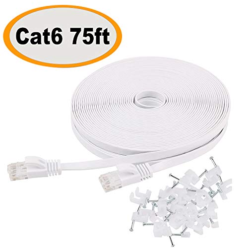 Product Cover Cat 6 Ethernet Cable 75 ft Flat with Clips, Durable Long Internet Network LAN Patch Cords, Solid Cat6 High Speed Computer wire with RJ45 Connectors for Router, Modem, PS, Faster Than CAT5E/Cat5, White